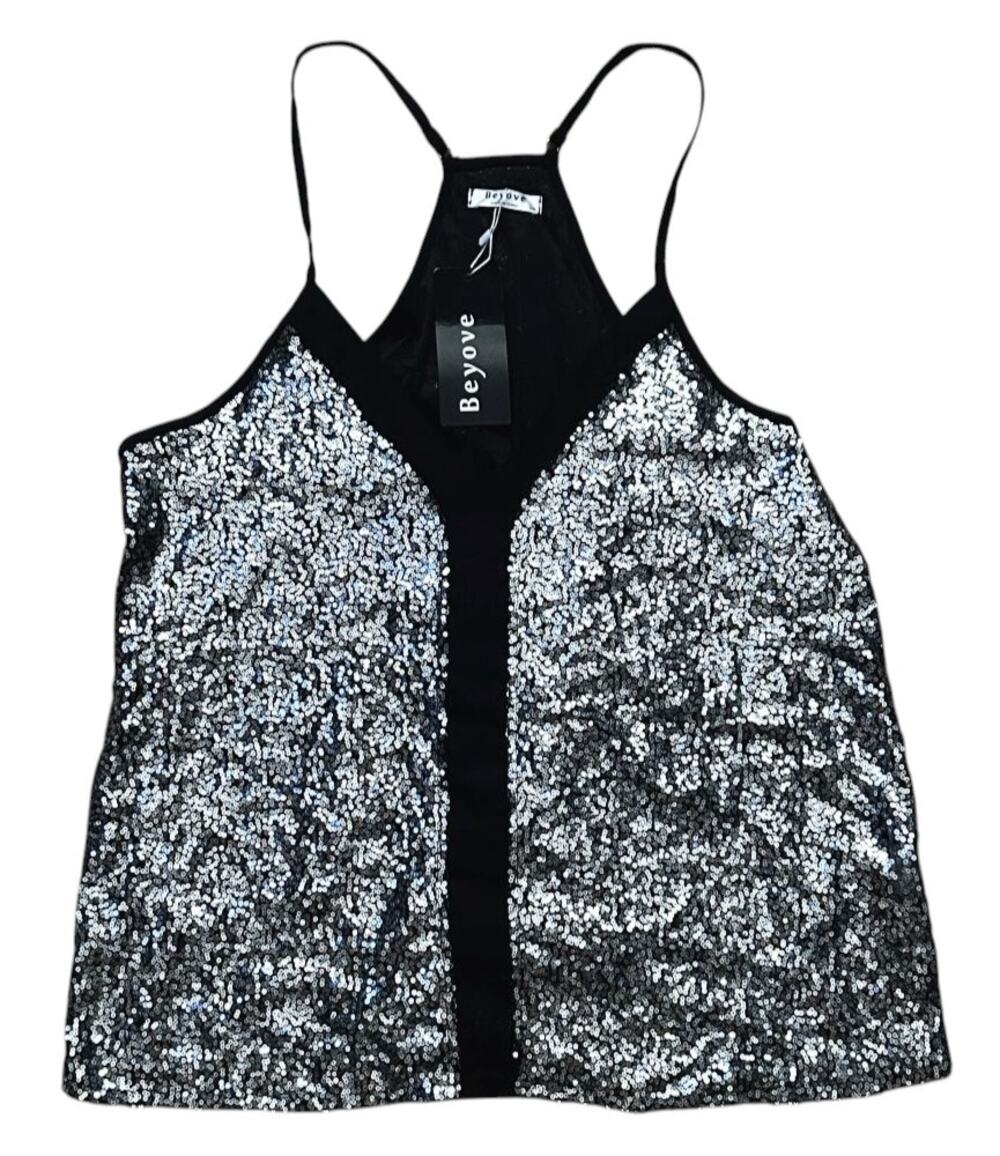 NWT Beyove Silver Sequin Adjustable Strap V-Neck Camisole 2XL